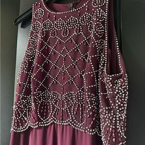 Beaded Burgundy Floor Length Gown